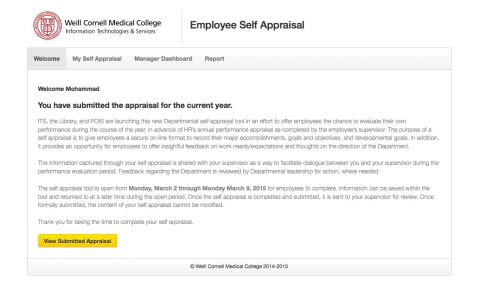 The Employee Self-Appraisal site is another example of a customized application developed by ITS.