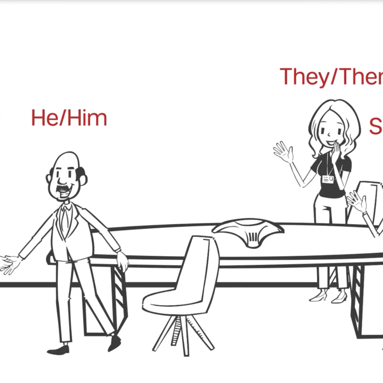 People at a meeting with their pronouns displayed above them